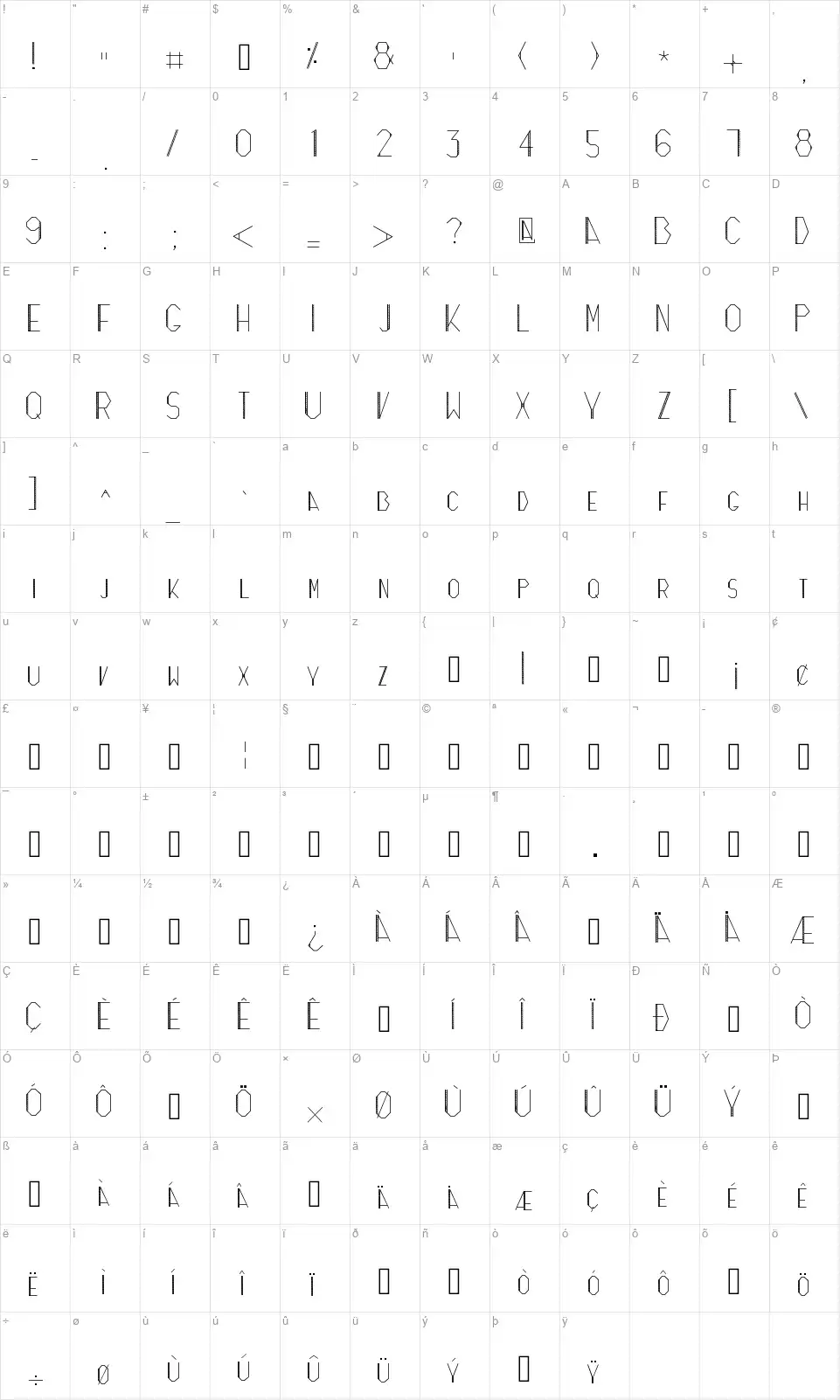 Zicizacfont character map